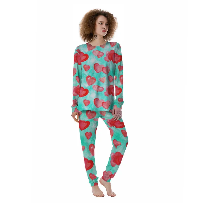 Watercolor Heart Teal And Pink Print Women's Pajamas