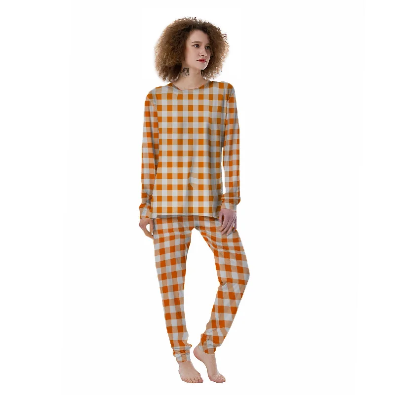 White And Orange Check Print Pattern Women's Pajamas