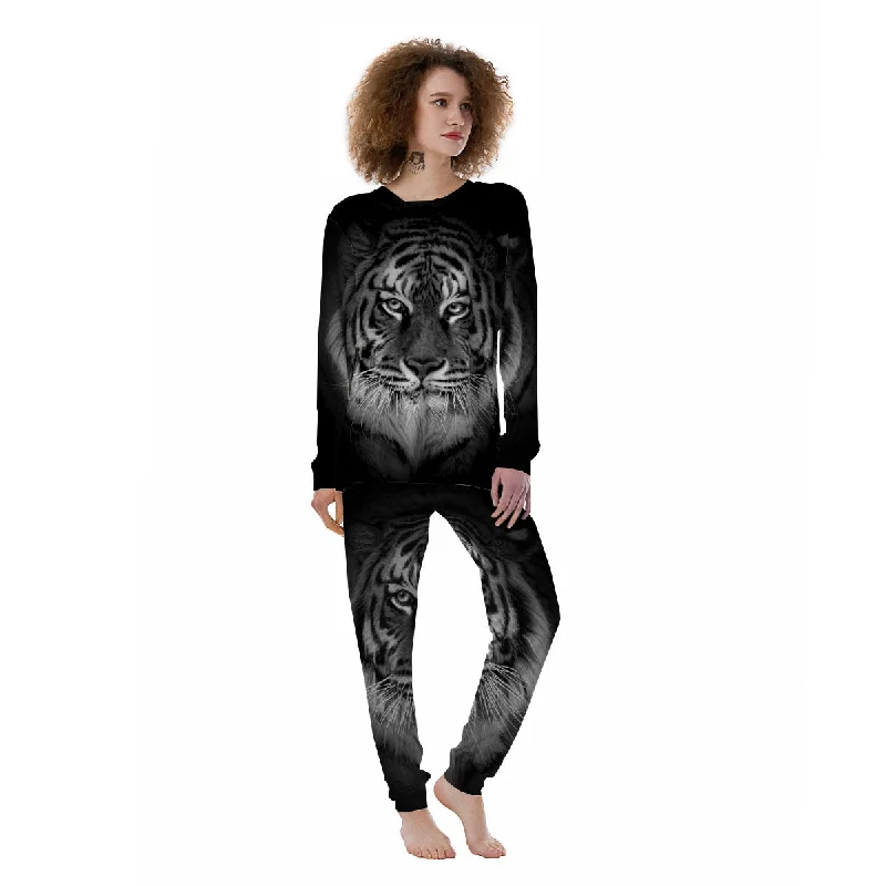 White Bengal Tiger Monochrome Print Women's Pajamas