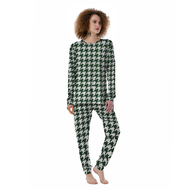 White Green Jungle Houndstooth Print Women's Pajamas