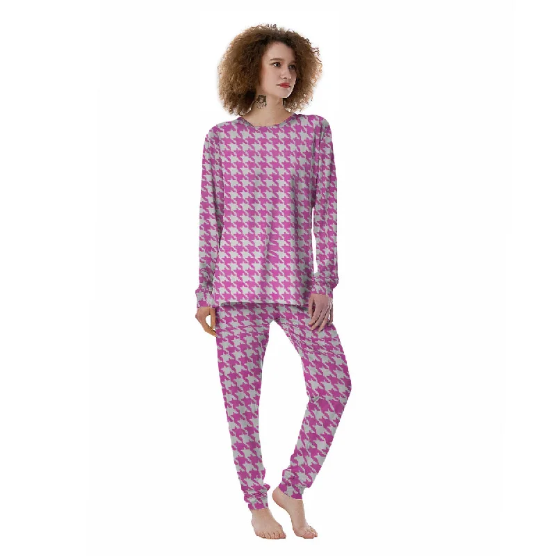 White Houndstooth And Pink Print Women's Pajamas