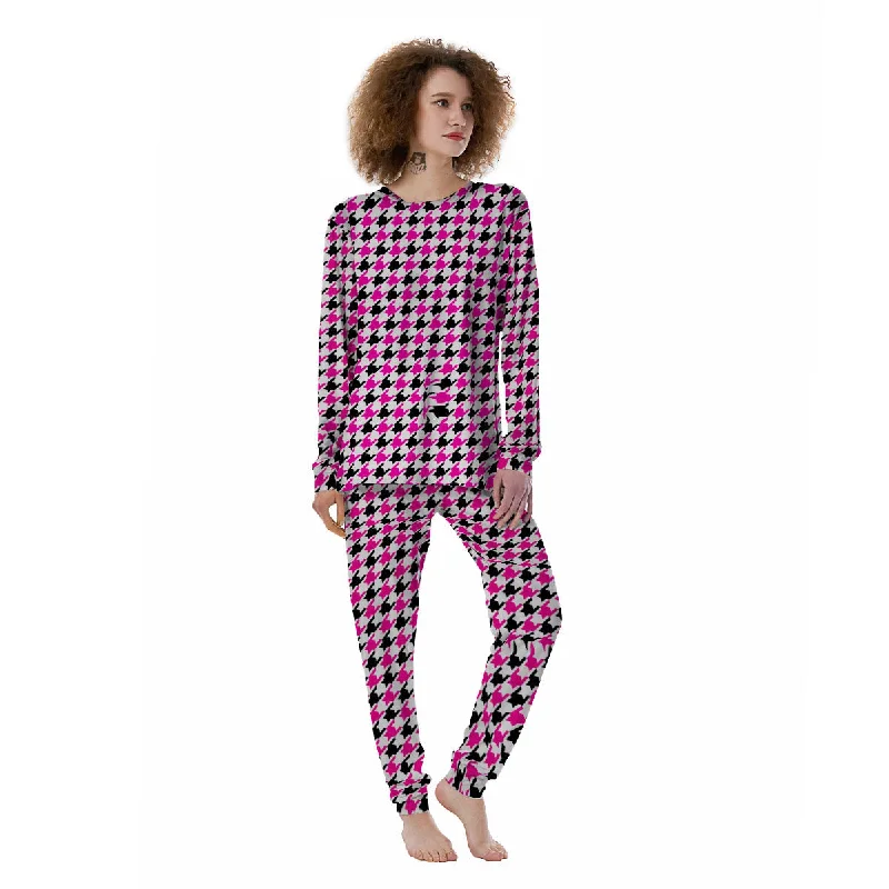 White Pink And Black Houndstooth Print Women's Pajamas