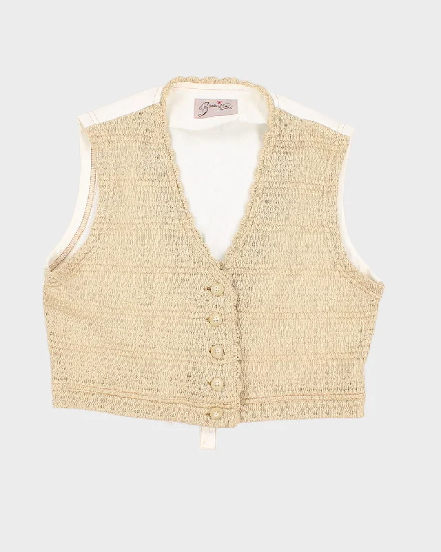 Womens Beige and White Crochet Vest - S