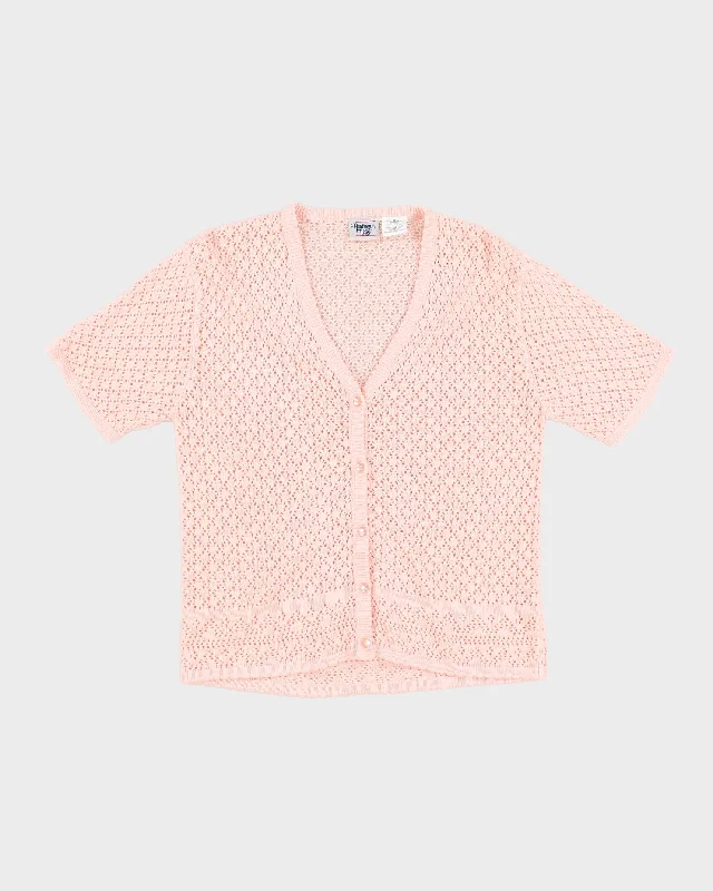 Womens Pink Short Sleeve Button Up Crochet Jumper - M