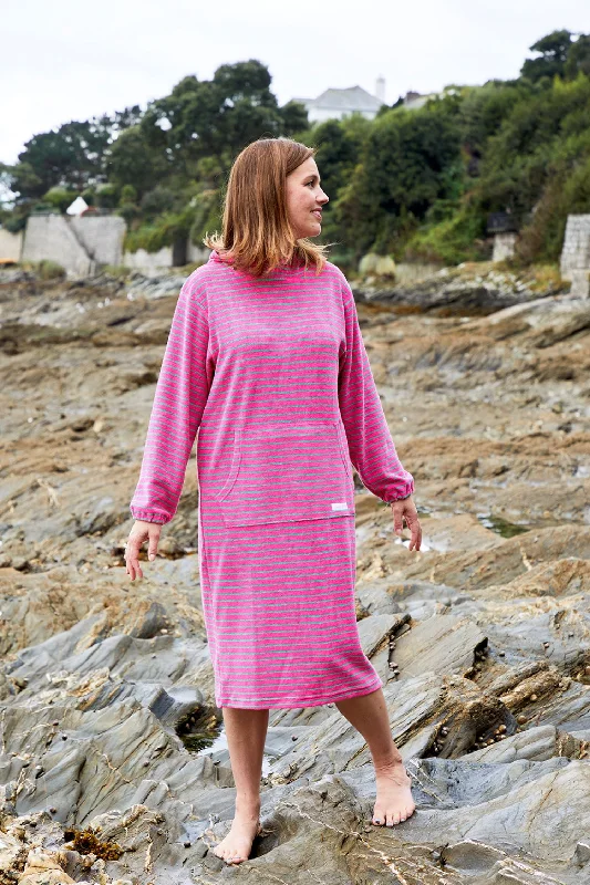 Jamie Striped Towelling Hooded Robe | Fuchsia & Apple