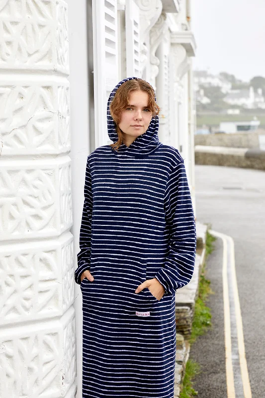 Jamie Striped Towelling Hooded Robe | Navy & White