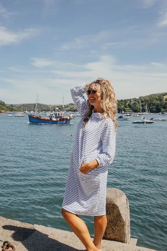 Jamie Striped Towelling Hooded Robe | White & Marine