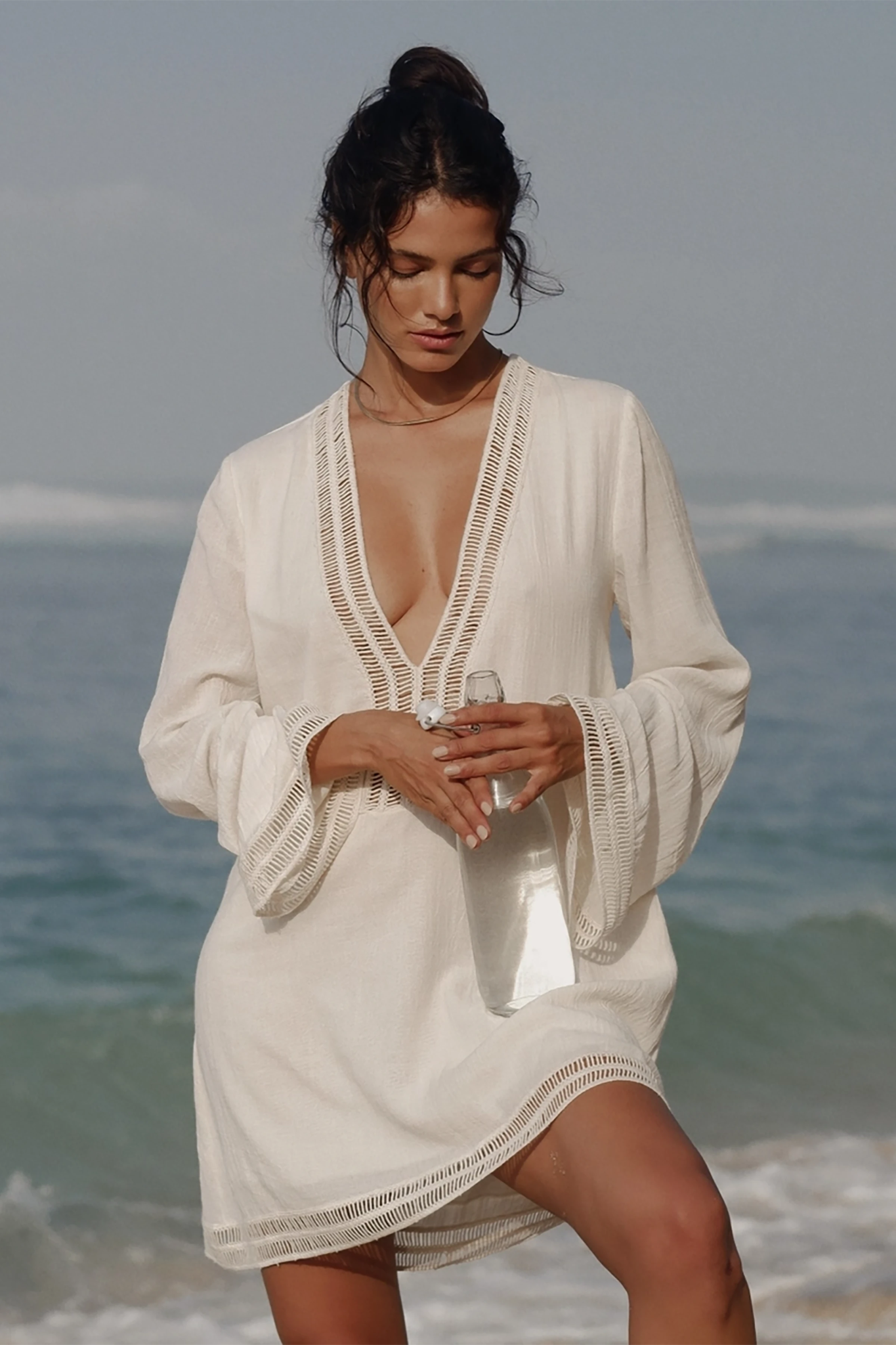 Positano Turkish Cotton Cover Up Dress with Lace in Natural