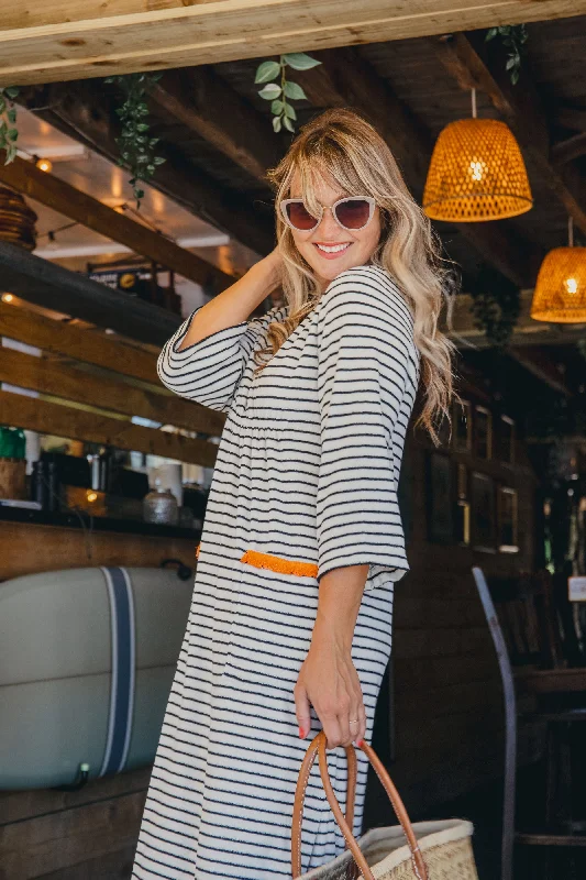 Victoria Striped Towelling Beach Dress / Cover Up | Ecru & Black, Orange Trim