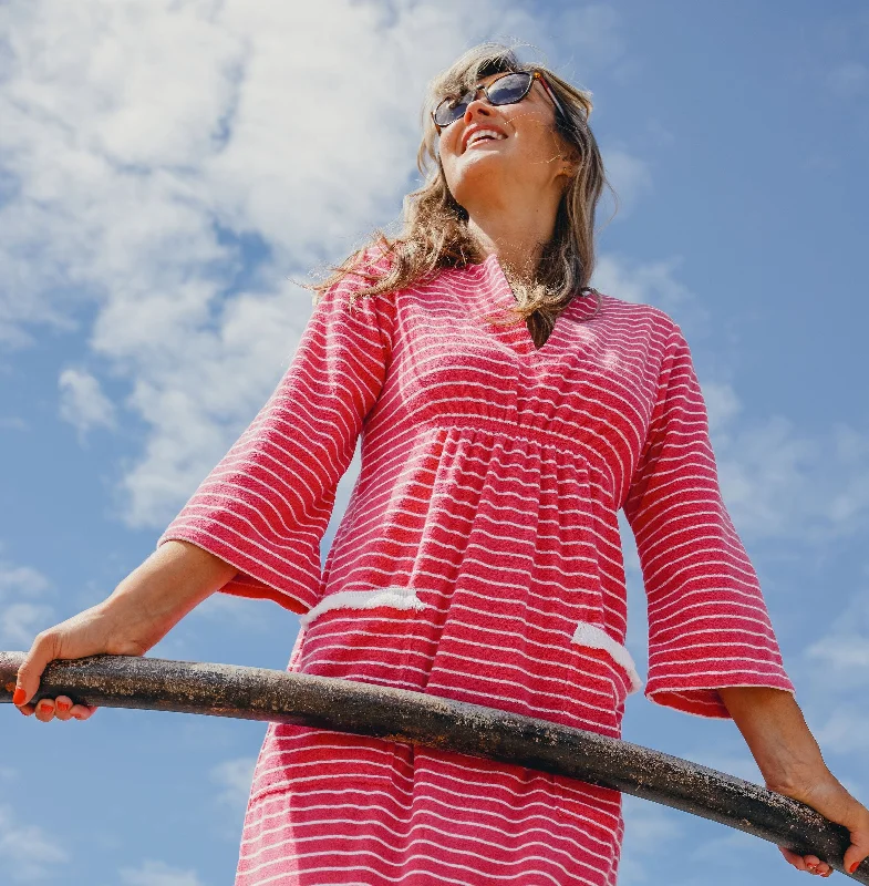 Victoria Striped Towelling Beach Dress / Cover Up | Fuchsia & White, Fuchsia Trim