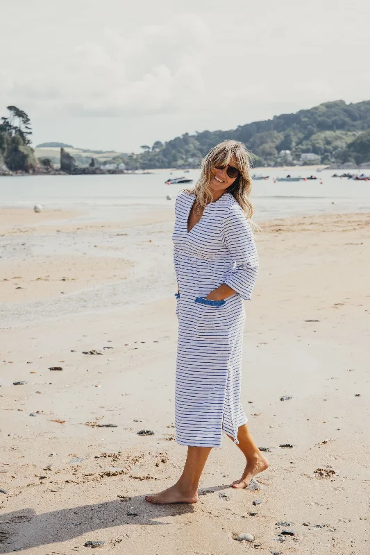 Victoria Striped Towelling Beach Dress / Cover Up | White & Marine, Marine Trim