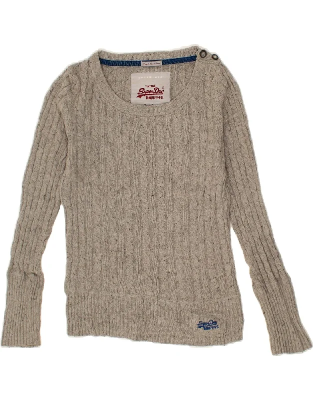 SUPERDRY Womens Boat Neck Jumper Sweater UK 12 Medium Grey Flecked Cotton