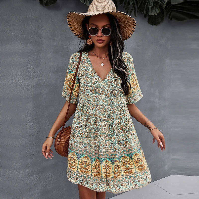 Casual V Neck Bohemian Short Sleeve Dress