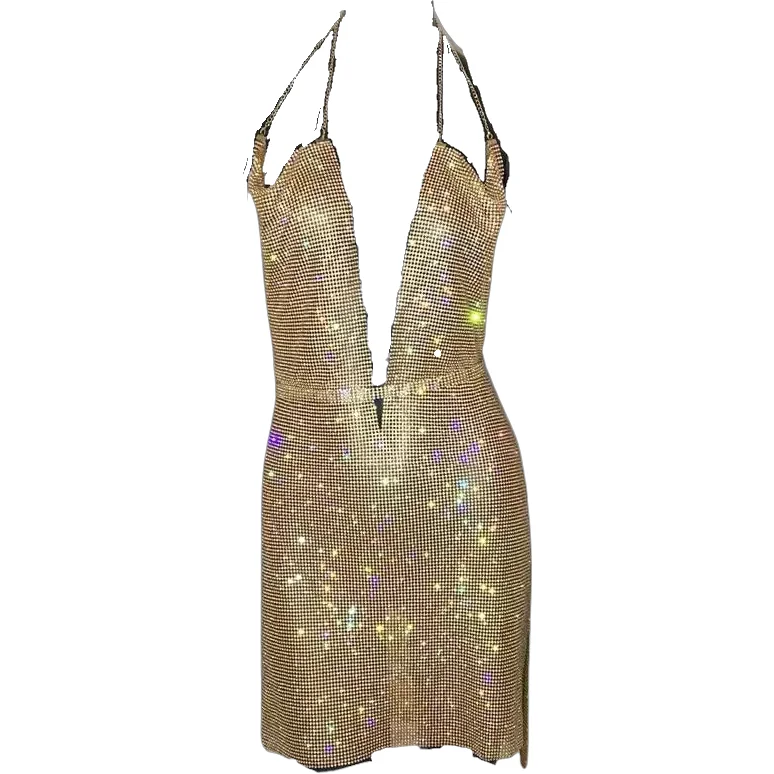 KOKO  Gold Crystal Diamante Mini Dress