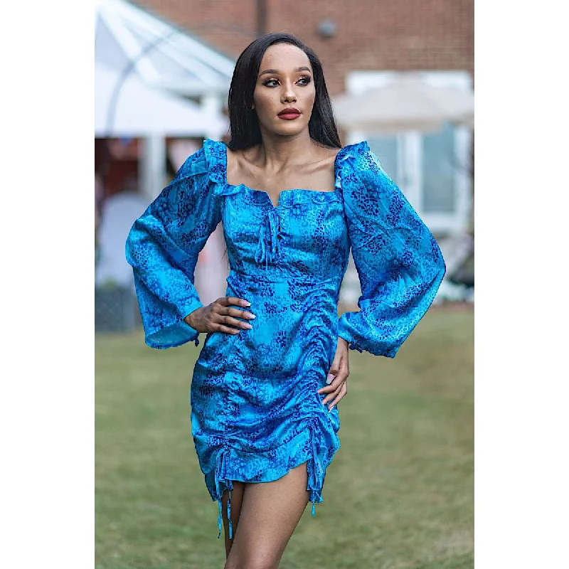 MANDI Blue Satin Floral Long Sleeve Dress