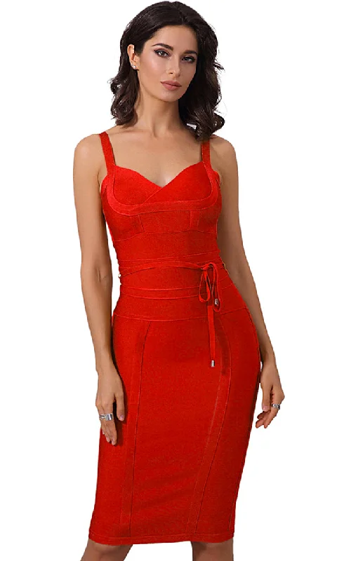 No Time To Waste Red Sleeveless V Neck Tie Waist Bodycon Bandage Mini Dress