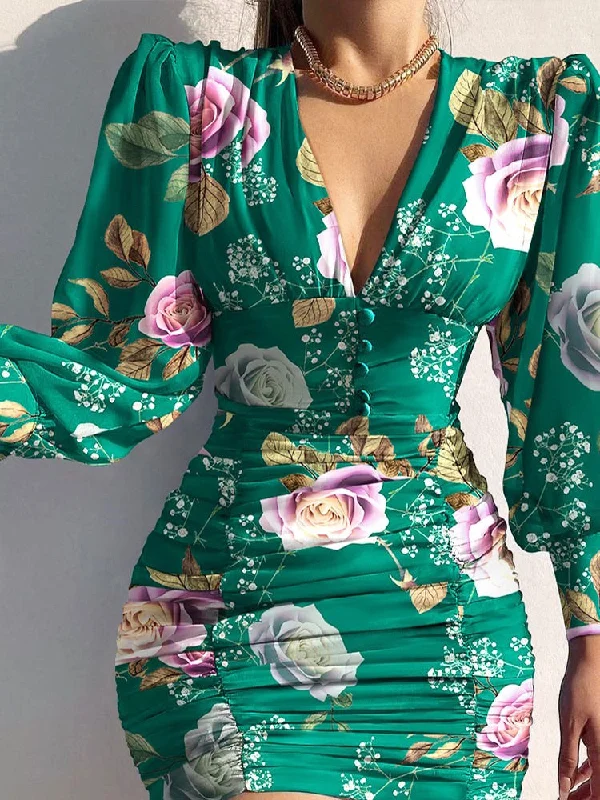 Sexy Puff Lantern Sleeve Plunge Floral Print Dress