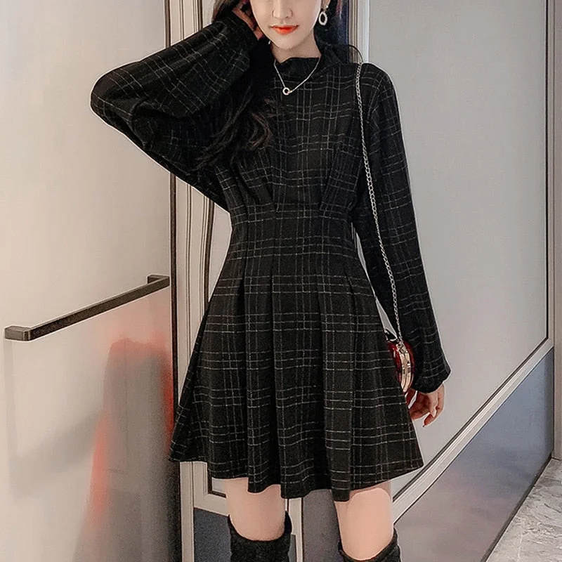 Stand Collar Long Sleeve Balck Plaid Pleat Ruched Mini Dress