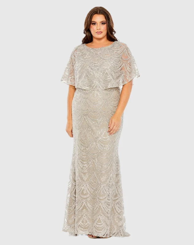 High Neck Embellished Column Dress With Cape (Plus)