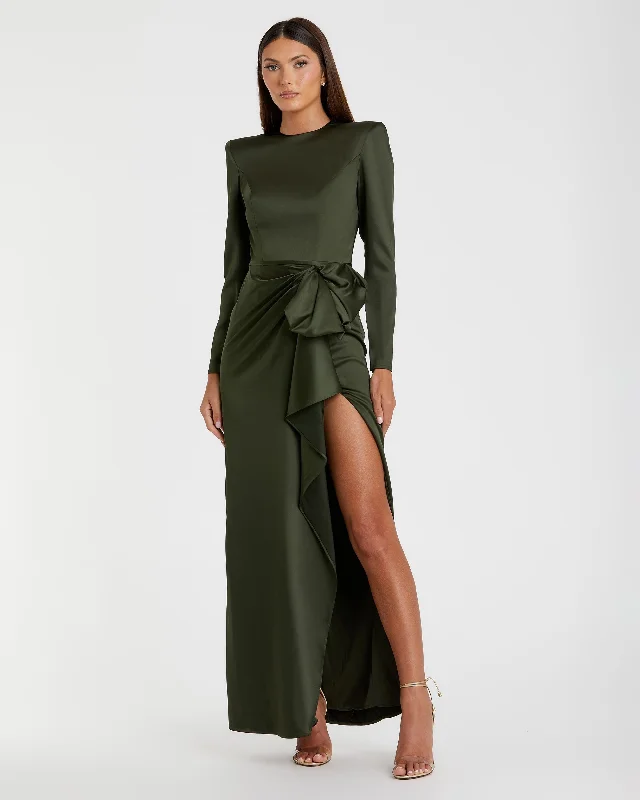 Dark Green Long Sleeve Structured Bow Draped Gown