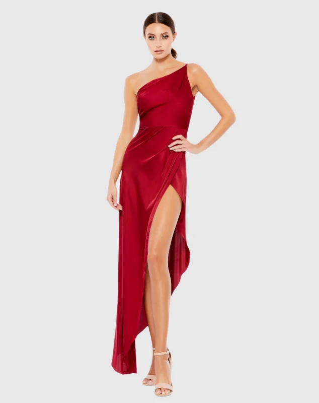 Red One Shoulder Hi-Low Draped Charmeuse Dress