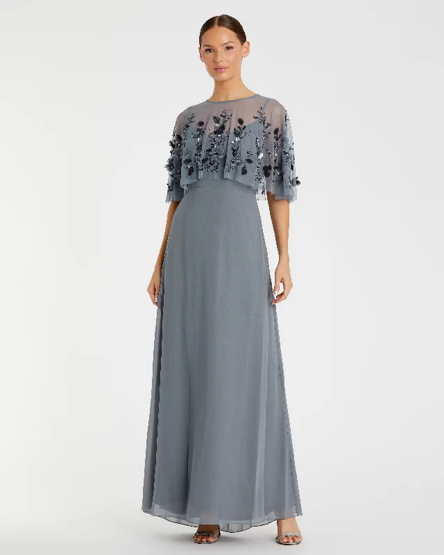 Sleeveless Gown With Embellished Cape