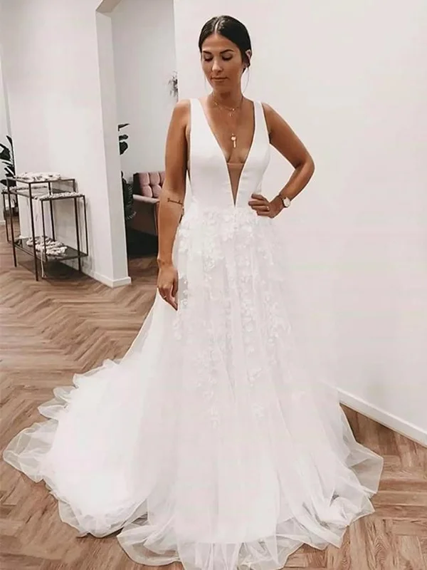 Deep V Neck and V Back White Lace Long Prom Wedding Dresses with Train, White Lace Formal Dresses, V Neck White Evening Dresses SP2188