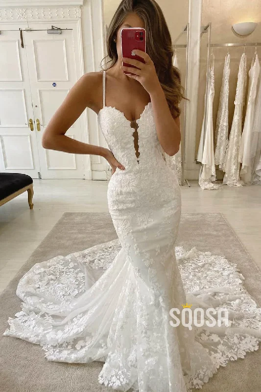 Mermaid/Trumpet Spaghetti Straps Lace Appliques Rustic Wedding Dress Bridal Gown QW2240