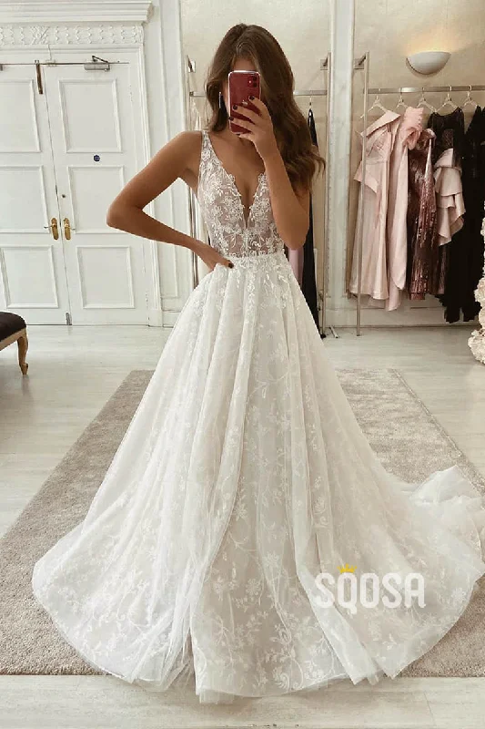 A-line V-neck Lace Wedding Dress Rustic Wedding Gown with Sweep Train QW2248