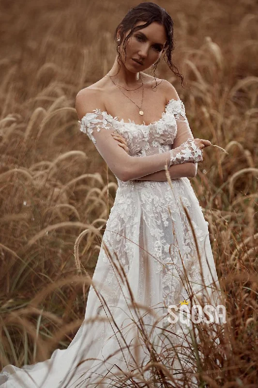 Unique Off-the-Shoulder Appliques A-line Rustic Wedding Dress with Sleeves QW2689