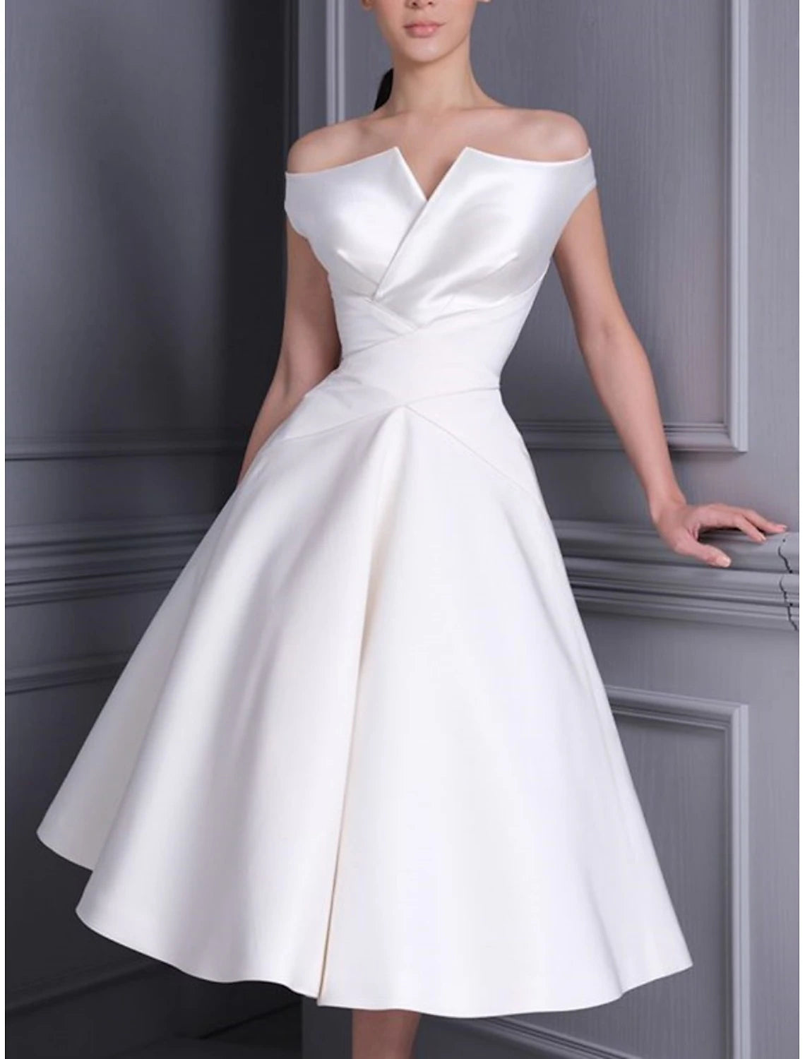 DingJiDress Little White Dresses Wedding Dresses A-Line Off Shoulder Cap Sleeve Tea Length Satin Bridal Gowns With Pleats