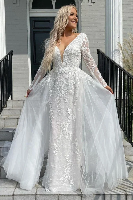 Mermaid V Neck Backless Long Sleeves Tulle Wedding Dresses