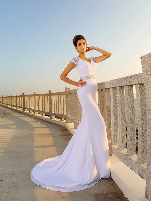 Sheath/Column V-neck Beading Sleeveless Long Chiffon Beach Wedding Dresses TPP0006314