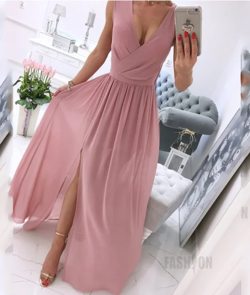 Solid Sleeveless Sexy Deep V Neck Slit Maxi Dress