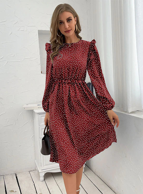 ROUND NECK LONG SLEEVE POLKA DOT DRESS