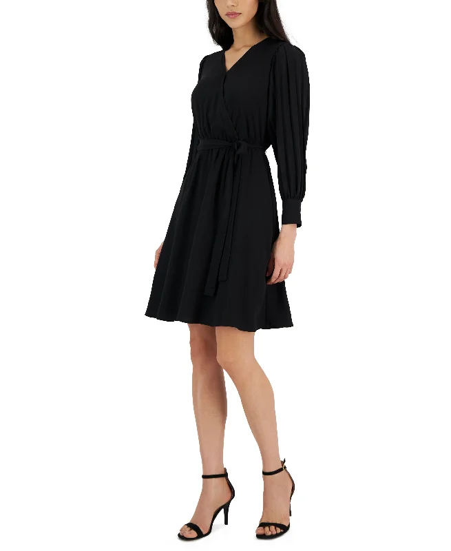 Anne Klein Womens V-Neck Pleated-Long-Sleeve Dress