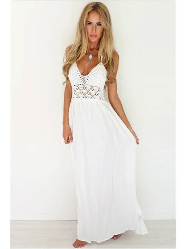 CROCHET BACKLESS BOHEMIAN HALTER MAXI LONG DRESS