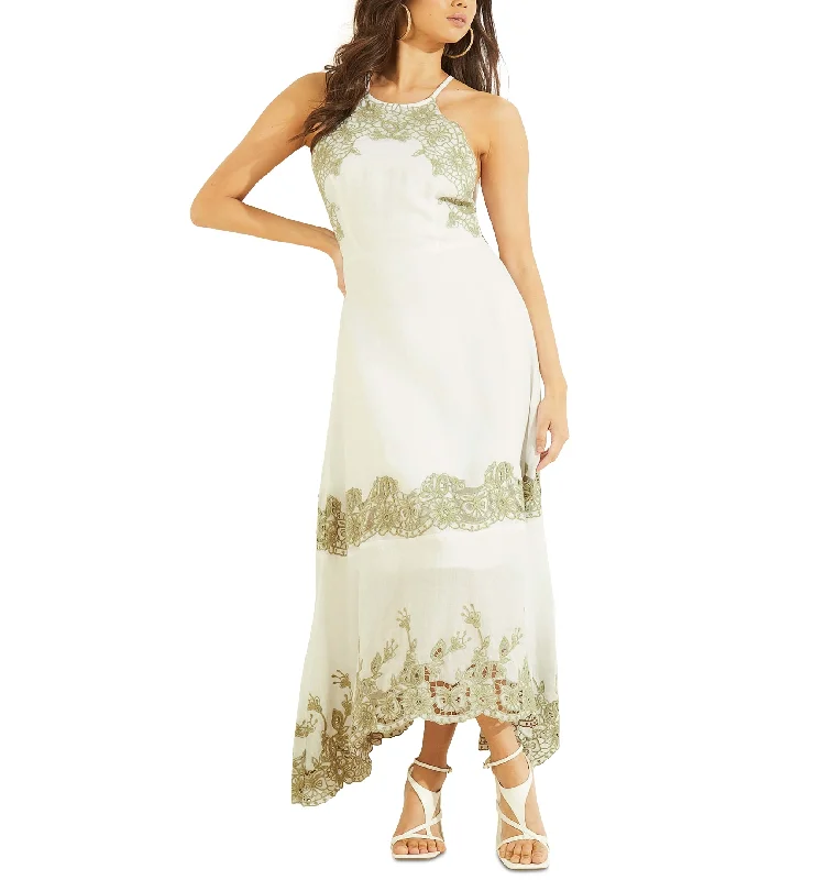 Guess Womens Alana Embroidered Halter Maxi Dress