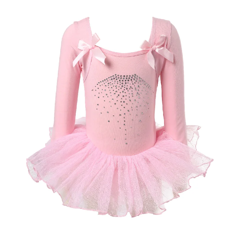 Pink Rhinestone Bow Long-Sleeve Ballet Dress