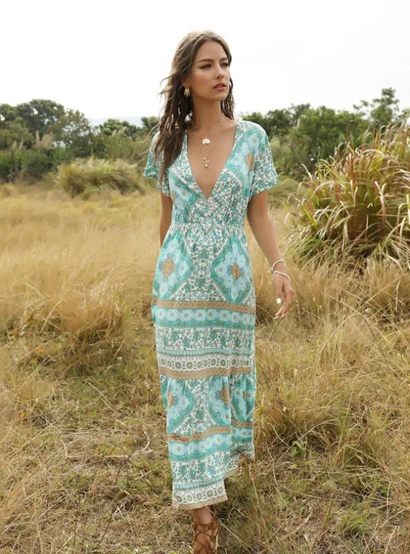 WOMEN PRINTED SHORT SLEEVE DEEP V-NECK MAXI DRESS