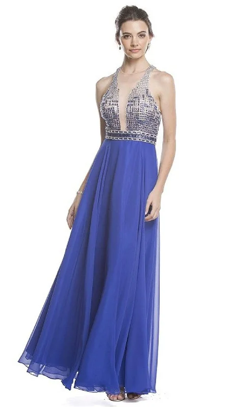 Aspeed Design - Beaded Illusion Halter A-Line Evening Dress