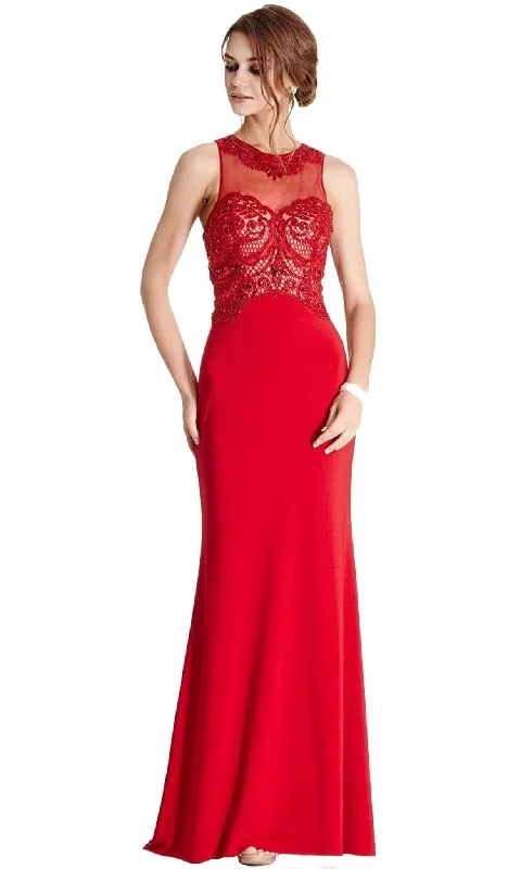 Aspeed Design - Bedazzled Jewel Neck Sheath Evening Dress