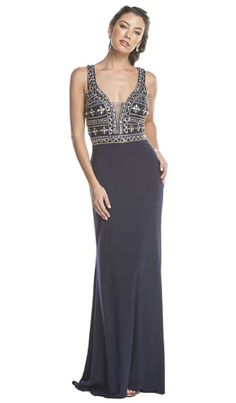 Aspeed Design - Plunging Embellished Sheath Evening Gown