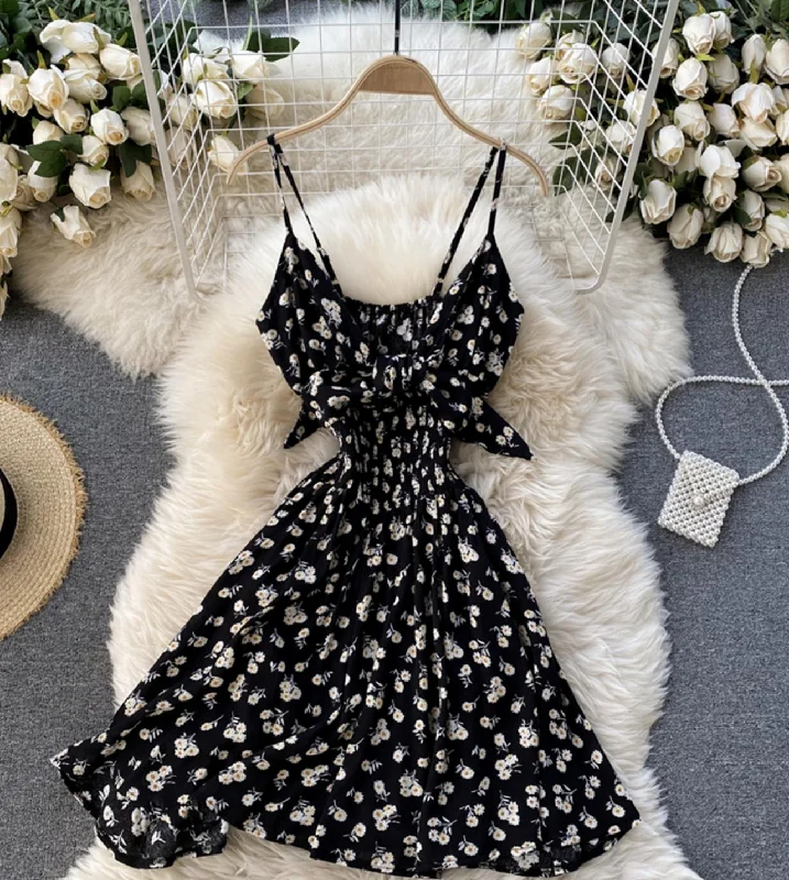 Black A line floral dress with bow  784