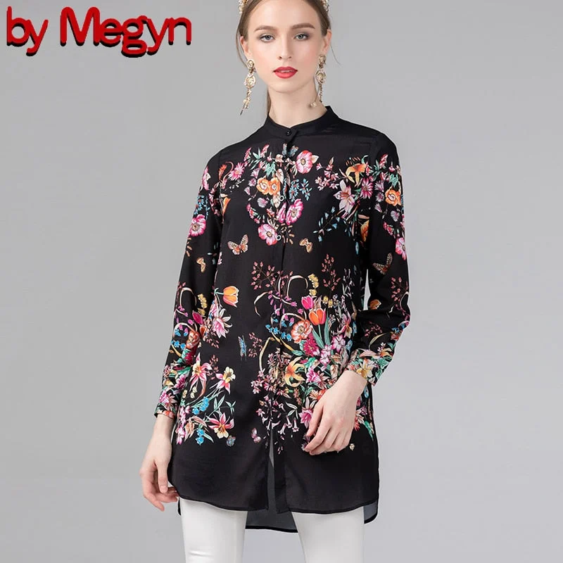 by Megyn 2019 Floral Print Blouse Summer Women's Long sleeve Bow Collar Casual Shirt High Quality Chiffon Tops female 3XL X-Long