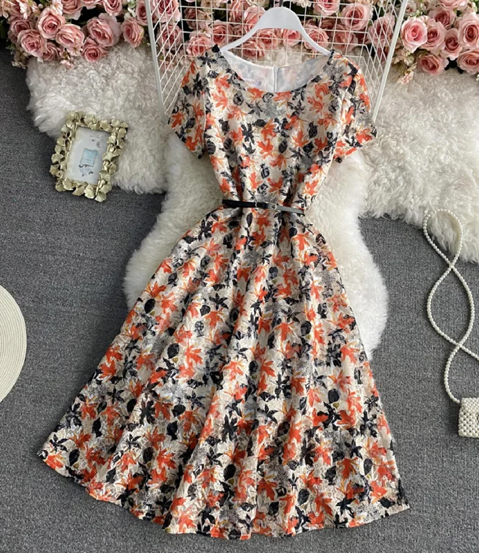 Cute A line floral dress lace dress  794