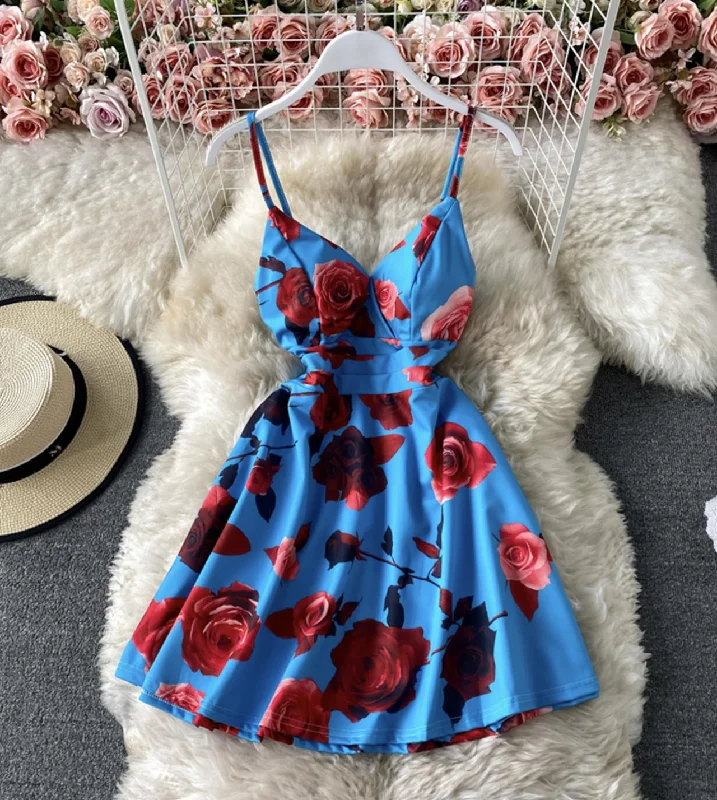 Cute A line floral dress short dress  774