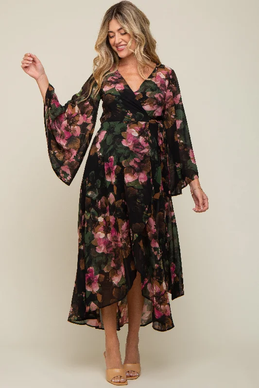 Green Floral Chiffon Wrap Front Hi-Low Maternity Dress