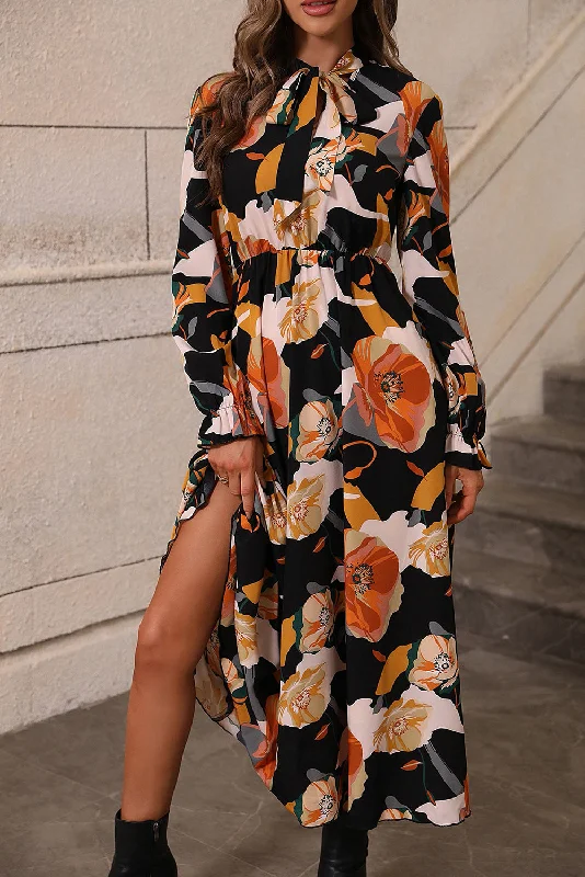 Orange Floral Print Tie Neck Long Sleeve Dress