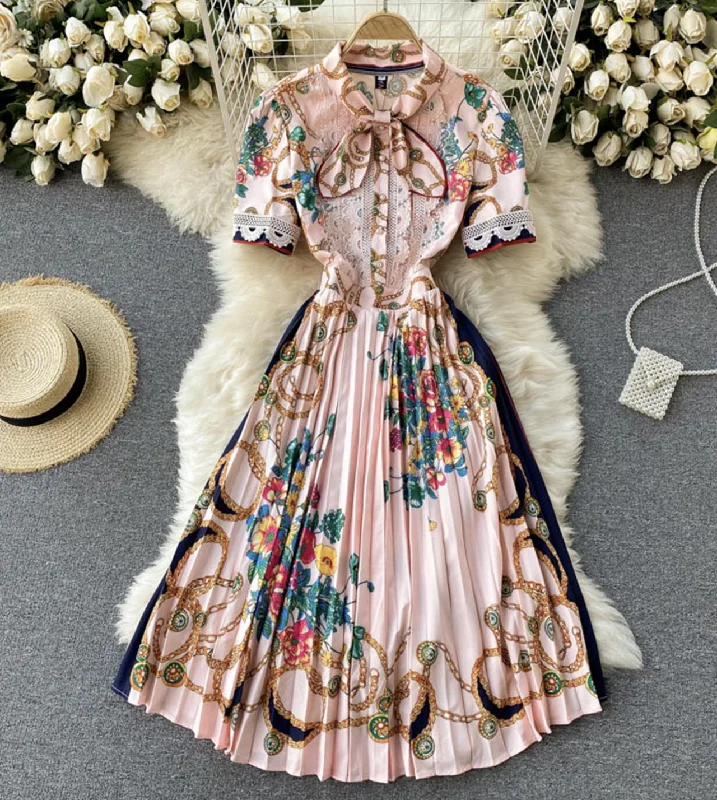 Pink A line floral pattern dress long sleeve dress  795